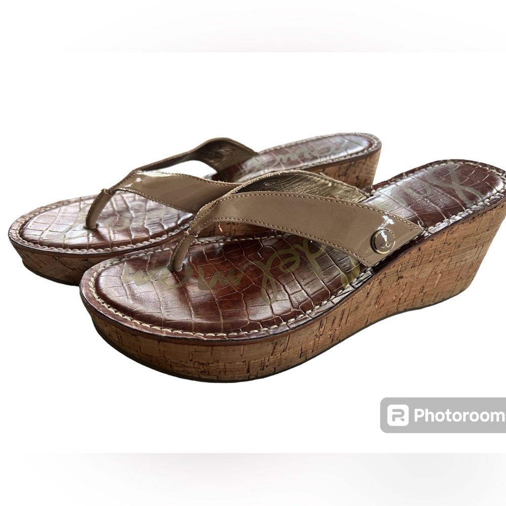 Sam Edelman Romy Cork Wedge Sandals Shoes Slip On Leather Beige Sz 8.5 - Picture 4 of 8